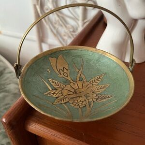 Vintage Green Brass Decorative Bowl with Handle